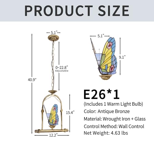 mfanchan Creative Stained Glass Butterfly Pendant Light, Vintage Butterfly Hanging Chandelier Ceiling Pendant Light Fixture for Art Decoration Balcony Aisle Bar — view 2