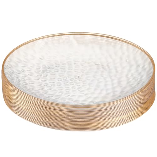 PLASTICPRO 30 Pack Hammered Plastic Plates Heavyweight Disposable Plastic Plates Elegant Clear Hammered Rim Platsic Party Dishes (Hamered Clear With Gold Rim, 10'' INCH PLATES)