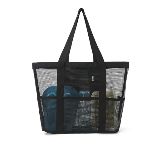 LUFFLOK Bolso de Playa Negro con Cremallera, Malla Grande Transparente Tote Bag para Mujeres y Niñas, Plegable Bolsa Juguetes Playa para Playa Viaje Compras (Negro)