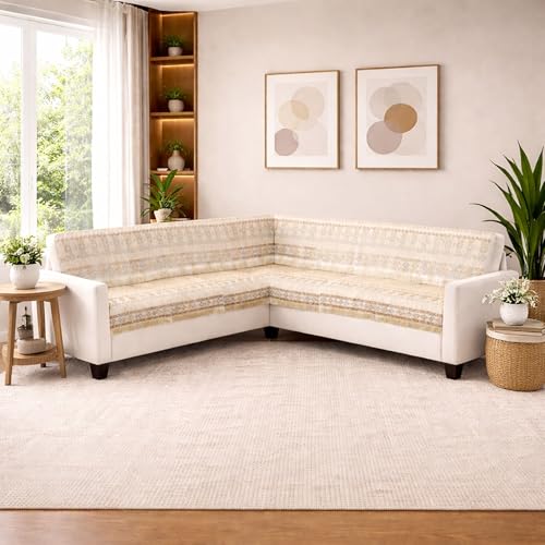 Image of Elegant Woven Beige Sofa Cover - Soft Chenille Traditional Pattern with Lace Style | L-Shape Sectional Seat Protector for Living Room | Durable & Stylish Slipcover 6 Seater L Shape