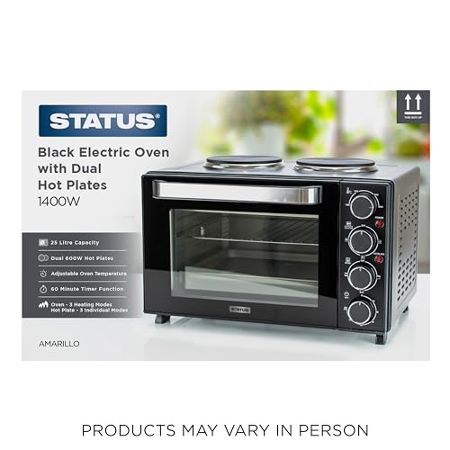 STATUS Amarillo Mini Oven, 25L Black Countertop Cooker with Grill Function and Dual Hotplates, 1400W Compact Electric Oven with 60‑Minute Timer, (AMARILLO1PKB)