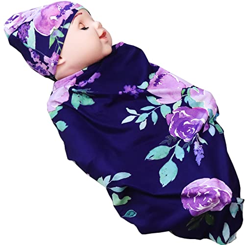 Image of Newborn Swaddle Blanket with Beanie Set,Soft Stretchy Blanket for 0-3 Months Baby Boys and Girls(Purple Flower)