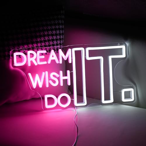 Image of Dream It Wish It Do It Neon Sign Dimmable Letters Neon Light Signs for Wall Decor USB Power Pink White Neon Light for Bedroom Led Neon Sign for Studio Office Bar Gifts