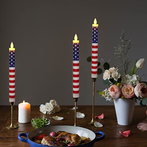 Image of Wondise Patriotic Flameless Taper Candles with Remote & Timer, Red, White & Blue Battery Operated Real Wax LED Flag Candles for Independence Day Decoration (D0.78 x H9.5 Inches)