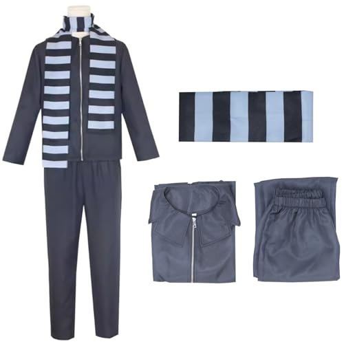 Qcekreu Men Women Adult Anime Cosplay Grey Costume 3 Piece Tracksuit Halloween Zipper Jacket Coat Pants with Striped Scarf(L Grey)