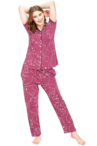 Image of ZEYO Night Suit for Women's Polar Bear Printed Cotton Night Dress of Shirt and Pajama Set 5756