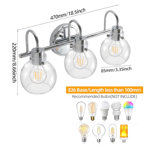 Image of Bathroom Light Fixtures Polished Chrome 3 Light Vanity Light Wall Sconces Lighting with Clear Globe Glass Shades Bath Wall Mount Lamp for Mirror Kitchen Porch Living Room Bedroom Hallway(E26)