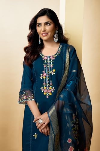 Image of Multi Embroid Kurta Set with Dupatta | Roman Silk Embroidered Kurta Set for Women | Women's Ethnic Casual Kurti Set |Kurta Pant Festive Suit