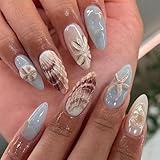 LBPEPAMZ 24Pcs Shell Press on Nails Medium Almond Fake Nails with 3D Starfish Flower Pearl Design Blue Gradient Full Cover Acrylic Nails False Nails Summer Beach Vacation Glue on Nails for Women Decor