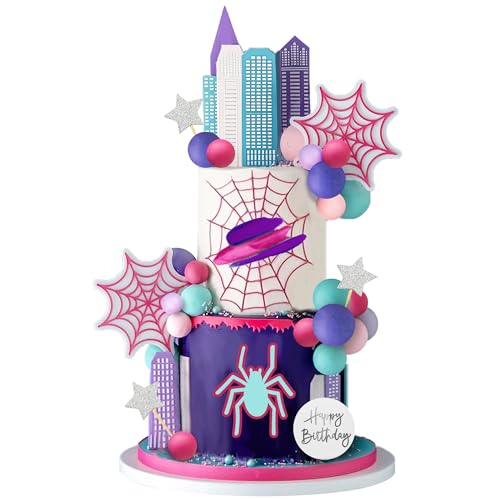Spider Cake Topper with Pink Spider Web Balls Stars for Girls Women Birthday Party Baby Shower Supplies