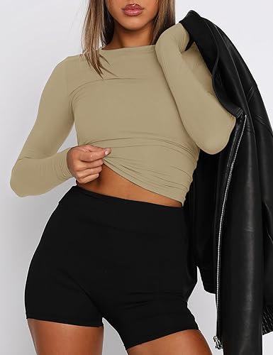 Image of AKEWEI Long Sleeve Crop Tops for Women 2 Pack Fall Going Out Outfits Cute Tight Basic Tees Shirt