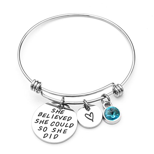 LIUANAN She belived she could so she did Inspirational Bracelet Expandable Bangle Birthstone Stainless Steel Cuff (Aquamarine-Mar) 