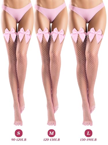Image of Fourluoo 4 Pairs Fishnet Thigh High Stocking for Women Silicone Lace Top Sheer Silky over Knee High Stocking with Bows