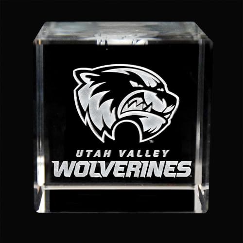 Fan Frenzy Gifts Optical Crystal Cube Officially Licensed Glass Cube Decoration with Laser-Engraved Logo | 60x60x60mm Home Office Decor & Paperweight, (Utah Valley University)