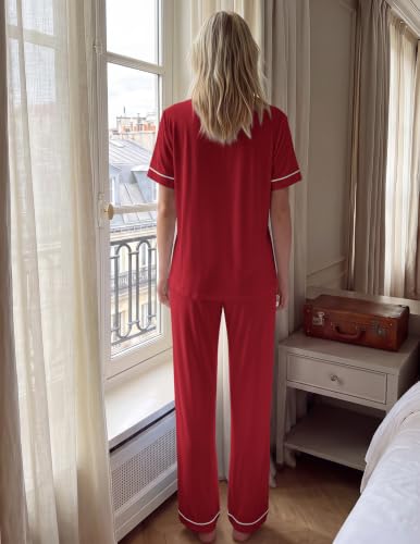 Image of HNG Women Pajamas Set 2 Piece Button Up Pajamas Pant and Short Sleeve Shirt for Woman Pj Sets with Pocket