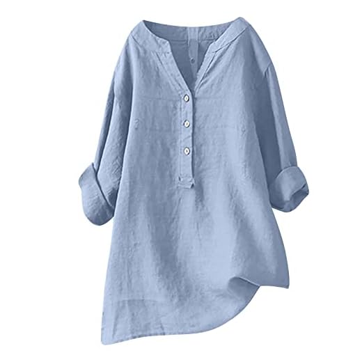 2025 Chemisier Femme Chic et Élégant Chemise Coton et Lin pour Femmes Col en V Bouton Manches Longues Tops Couleur Unie LâChe Respirant T-Shirts Grande Taille Pas Cher Casual Coton Lin Tunique Blouse