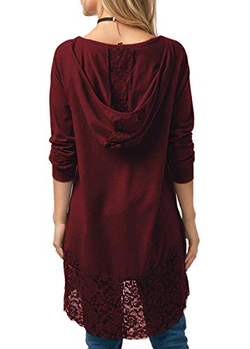 Women's Tops Long Sleeve Lace Trim O-Neck A-Line Tunic Tops with Hooded Wine Red XL