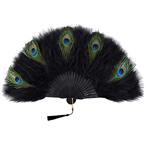 BABEYOND 1920s Marabou Feather Folding Hand Fan