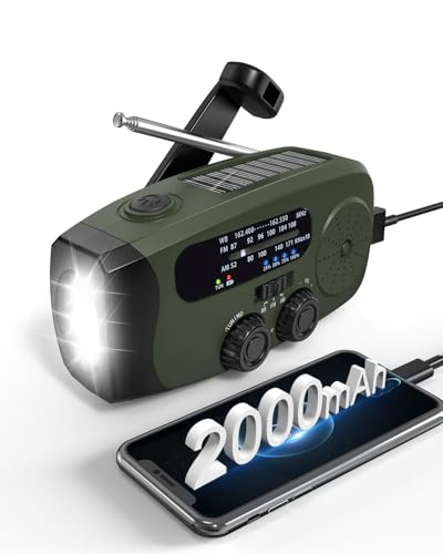 Image of Hand Crank Radio with AM /FM /NOAA Weather Bands,for Emergencies, Camping | 3 LED Flashlights,SOS Function,Solar Powered,Hand Cranked, 2000mAh /7400mWh Charger,for Power Outage - Olive Green