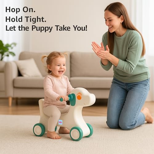 Image of Amazon Brand - Jam & Honey Baby Puppy Push On Ride On for Kids | Backrest | Easy Grip | Four Wheel | Durable and Safe | Non-Toxic | Portable | Lightweight | Animal Theme | 1-4 Years Old | Green