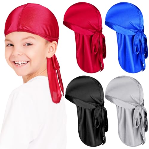 Loopeer 4 Pcs Kids Satin Durags Head Wrap Silk Durag Cap with Long Tail Wide Strap 360 Waves Cap for Boy Toddler Girls (Black, Blue, Red, Gray)