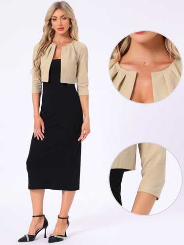 Image of Allegra K 3 /4 Sleeve Shrug Top for Women's Collarless Pleated Open Front Cropped Cardigan