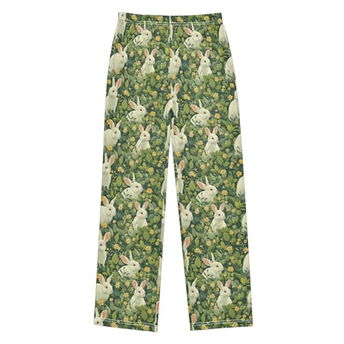 Rabbit Green Pattern A Long Pajama Pants Bottoms Soft Sleepwear with Pockets