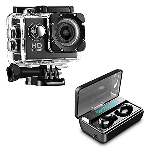 Exxelo Combo Pack of 2 Items - 1080p Sports Waterproof Action Camera, TWS T8 Wireless Bluetooth Headset (1 Year Warranty) (Ex)-picture-11
