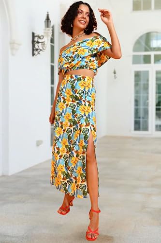Image of POPWINGS Casual Bagru Printed Cotton Top and Skirt Set for Women || Pom Pom Top and Long Slit Skirt Set for Women || Two Piece Women Set for Summer