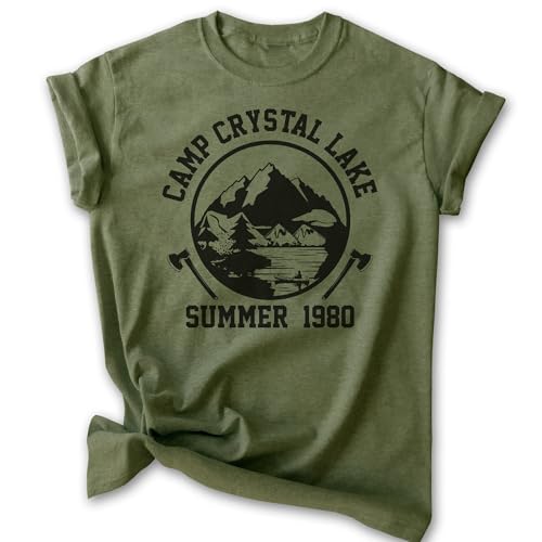 EVERTREE CLOTHING Camp Crystal Lake Shirt Unisex Womens Mens Shirt Funny Halloween T-Shirt Horror Graphic Tee Heather Military Green Large