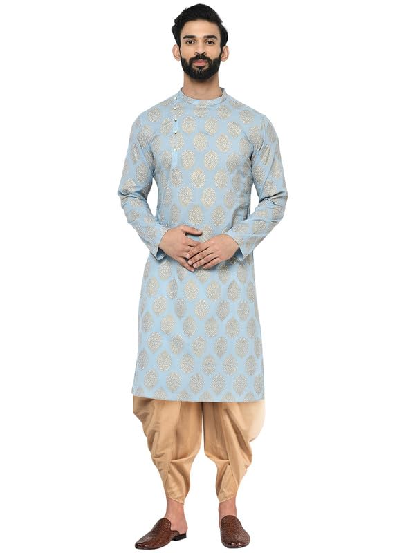 Image of KISAH Men's Kurta Dhoti Set, Cotton Blend, Printed Mandarin Colla Regular Fitr Long Sleeves