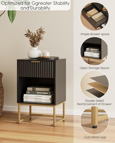 Image of Masupu Fluted Nightstand,Modern Night Stand Wood Bedside Table with Storage Drawer Side End Table for Bedroom,Office,Black