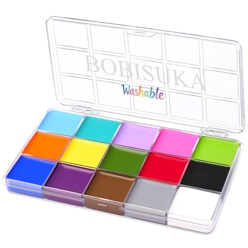 BOBISUKA 15 Color Face Body Paint Palette Water-Activated Washable Face Paint for Halloween Makeup Cosplay Party Festival and Stage Makeup