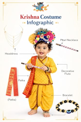Image of Krishna Dress for Kids, Baby Krishna Dress for Janmashtami with Krishna Mukut, Peacock Feather & Flute Embroidered Krishna Costume for Girl & Boy, 3 Months-8 Years