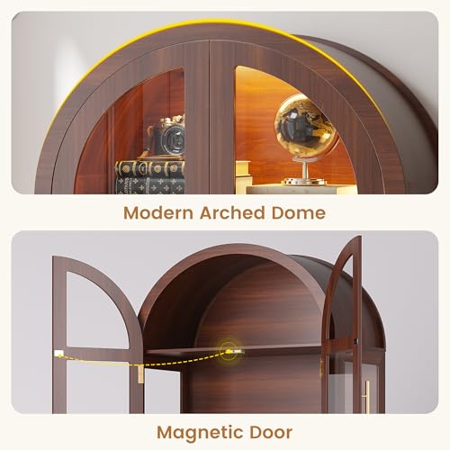Image of LVSOMT 71 inch Arched Display Cabinet with Glass Doors and Lights, Walnut