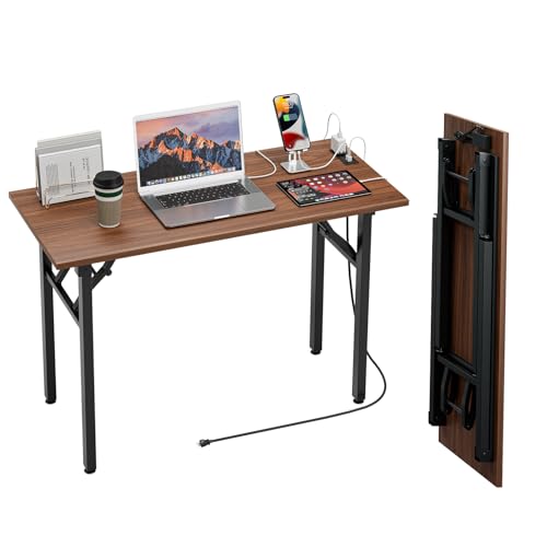 Image of TEMI Small Computer Desk Folding Table - No Assembly, Compact 43.3 inch Foldable Desk with Power Outlets & USB Charging Port, Portable Small Office Desk, Ideal Mini Study Table for Narrow Spaces, Walunt