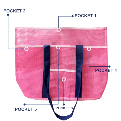 Mesh Beach Bag XL Pink, Large Beach Bag Tote with Seashell Bag for Family Summer Travel3