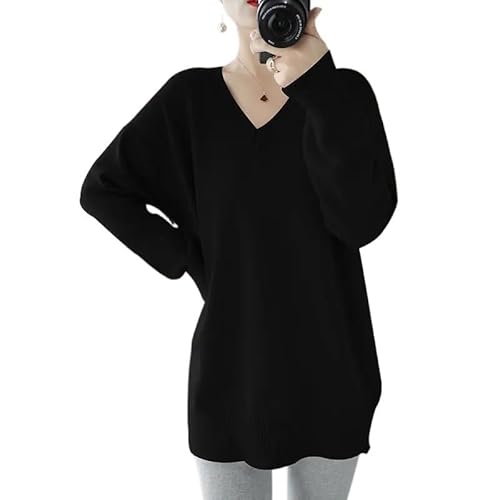 VSERETLOON Suéter de malha feminino pulôver solto gola V primavera e outono cor sólida jaqueta de co