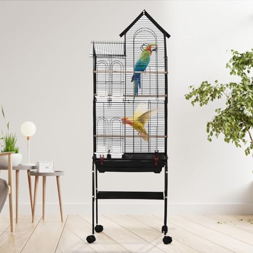 Image showcasing Bird Cage Double Roof Portable Rolling Metal Bird House Cage Aviary ...