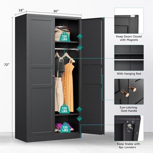 Metal-Wardrobe-CabinetArmoire-Wardrobe-Closet-with-doorsBlack-Metal-Clothing-Storage-Cabinet-with-Adjustable-Shelves-and-Hanging-Rod72-Wardrobe-Storage-Cabinet-for-HomeBedroom-ArmoiresLaundry Metal Wardrobe CabinetArmoire Wardrobe Closet with doorsBlack Metal Clothing Storage Cabinet with Adjustable Shelves and Hanging Rod72 Wardrobe Storage Cabinet for HomeBedroom ArmoiresLaundry
