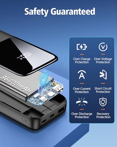 Portable Charger Power Bank - 36800mAh Fast Charging Powerbank Battery Pack with Built in USB-C(22.5W) and iOS(20W) Output Cable Compatible with iPhone Android Samsung etc (1 Pack, Black)