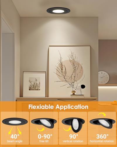 Image of POPANU Gimbal LED Recessed Light - 4 Inch Black 9W 360 Rotation Directional Adjustable Eyeball Sloped Ceiling Recessed Lighting 4 inch Light Wafer Soffit Indoor Spotlight Canless Black 4 inch 6 Pack