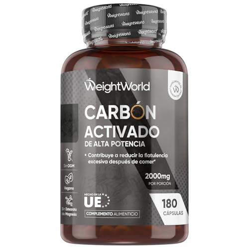 Carbón Activado 2000mg de Potencia 180 Cápsulas Veganas - Ideal para Gases e Hinchazón Adultos, Carbón Vegetal Activado de Origen 100% Natural, Vegano y Sin Estearato de Magnesio