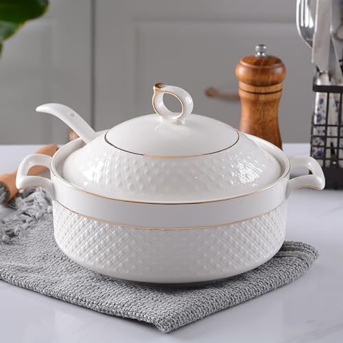 NNYCC Soupière Blanche avec Doré Bord, Bol de Service de Soupe à Double Poignée avec Couvercle et Cuillère Vaisselle en Porcelaine Tendre,1.5L