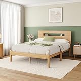ZIYOO Solid Bamboo Wood Queen Bed Frame with Storage Headboard, 14 inch Platform Bed Frame Queen No Box Spring Needed with Steel Slats, Sturdy and Stable, Easy Assembly, Noise Free