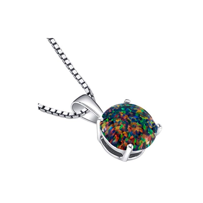 Peora 14K White Gold Created Black Fire Opal Pendant for Women, Classic Solitaire, 1 Carat Round Shape 8mm, AAA Grade - Image 4
