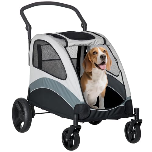 PawHut Cochecito para Perros Plegable Carrito para Mascotas Carrito para Perros con Ventanas Bolsillo de Almacenaje Correas de Seguridad y 2 Ruedas Universales Carga 330 kg 107x67x102 cm Gris