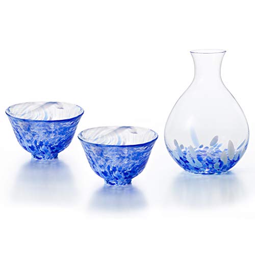 Tsugaru Biidoro Handcrafted Glass Sake Set 2 Cups and 1 Tokkuri Carafe Blue