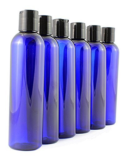 8 oz Empty Cobalt Blue Plastic Cosmo Squeeze Bottles with Disc Top Flip Cap (6 pack); BPA-Free Containers For Shampoo, Lotions, Liquid Body Soap, Creams (8 ounce, Blue)