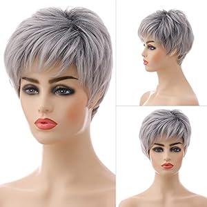 MEIRIYFA Peluca de corte Pixie color gris plateado, peluca corta recta en capas ligeramente ondulada con flequillo, pelucas sintéticas completas para mujeres y hombres, fiesta de disfraces diaria